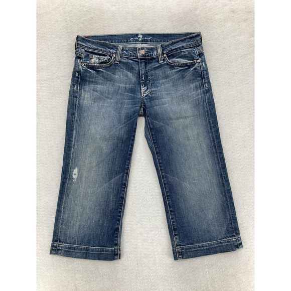 7 For All Mankind Capri Jeans Womens 31 Blue Dojo Crop Distressed Stretch Denim - Picture 1 of 15
